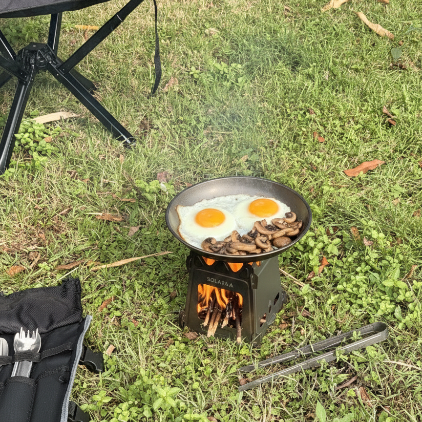 Frying pan with eggs and mushrooms on a small stove outdoors