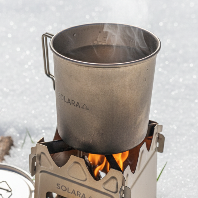 Portable stove with a pot on a snowy ground, featuring the Solara brand.