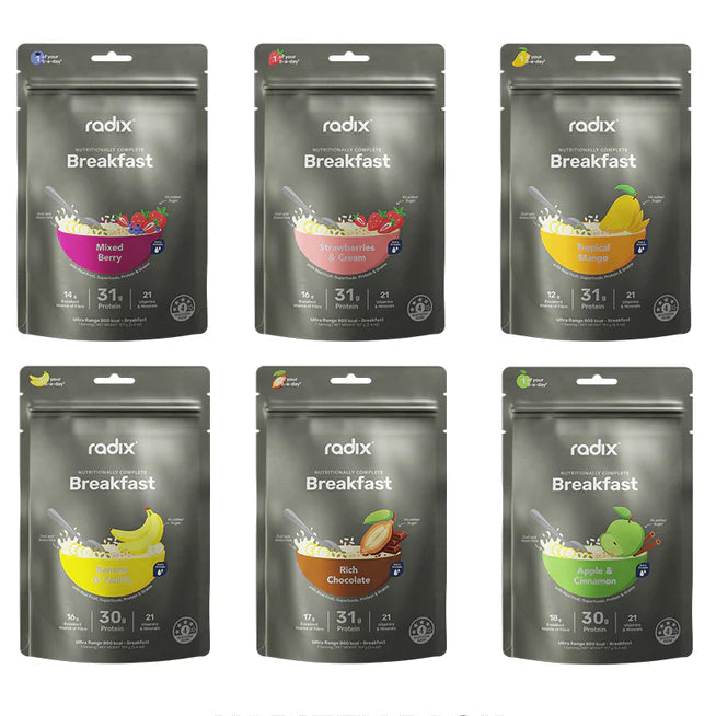Radix breakfast variety pack with different flavors on a white background