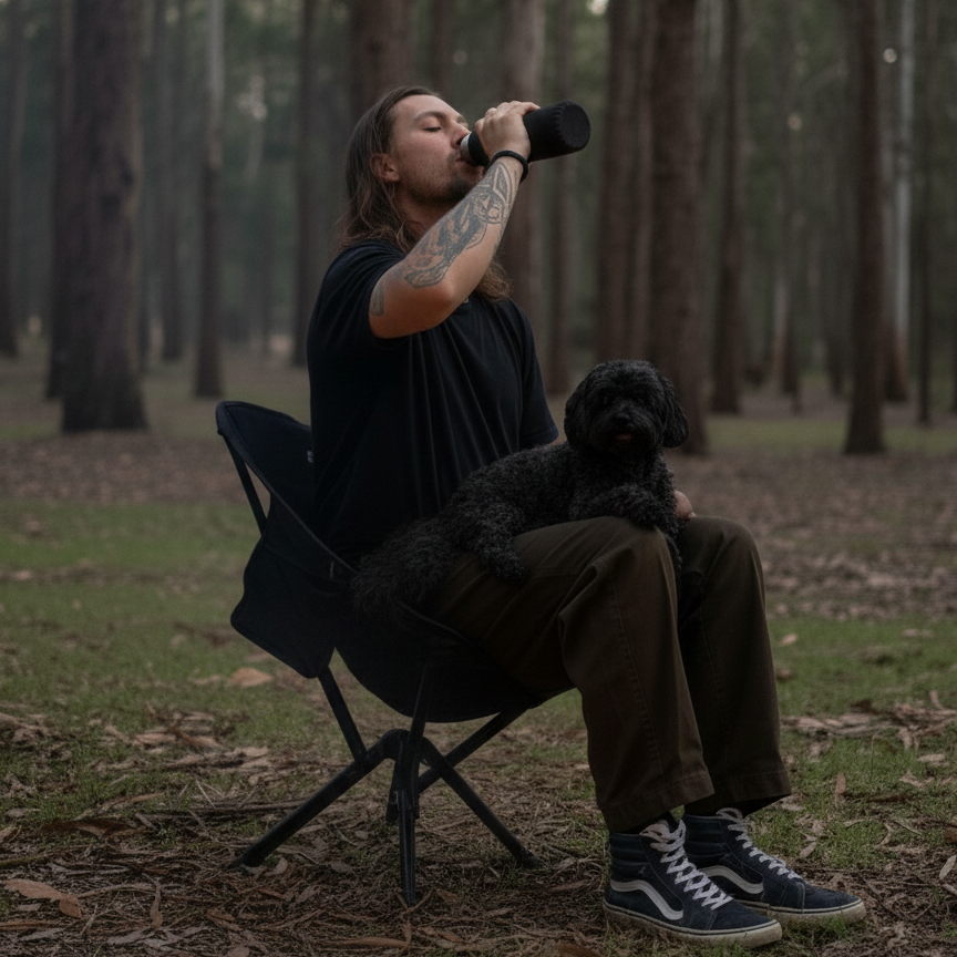 Man sitting in a forest, drinking from a bottle with a dog beside him.