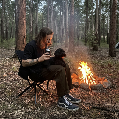 Person sitting by a campfire in a forest