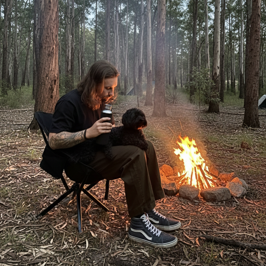 Person sitting by a campfire in a forest