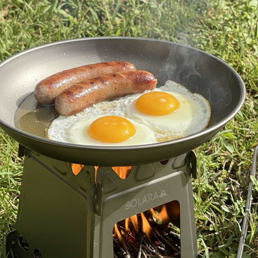 Frying pan with sausages and eggs over a portable stove on grass