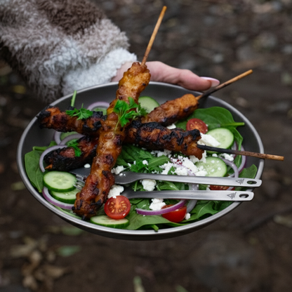Person holding a plate with skewered meat and salad outdoors