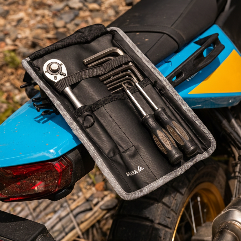 Tool kit attached to a motorcycle on a gravel surface